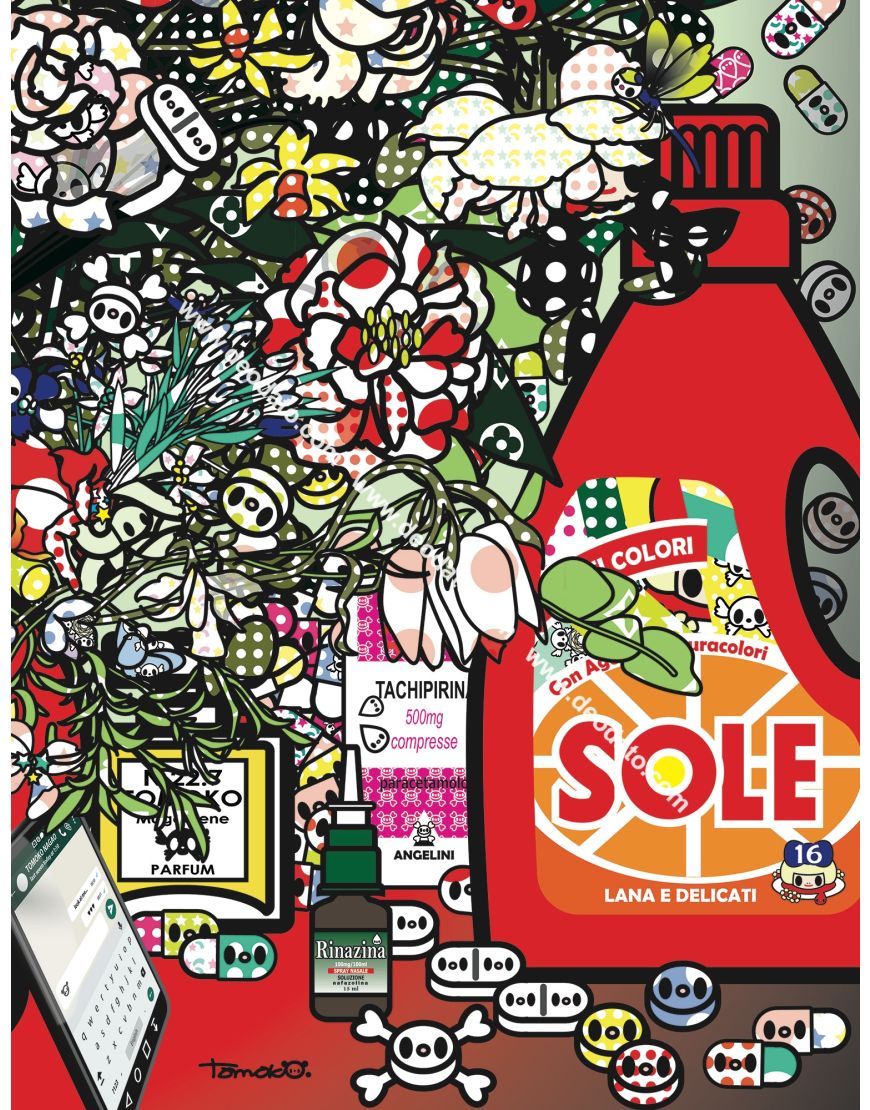 Détail 1 de Fleurs après Jan Brueghel L’Ancien avec Amuchina, Aspirina, WCNET, Louis Vuitton, Chanel, Tachipirina, Sole et Rinazina.