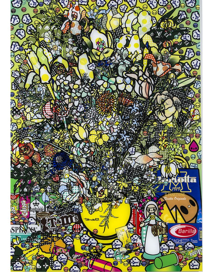 Fleurs 2 après Jan Brueghel L'Ancien avec Aspirina, Barilla, Baci, Calippo, Cola, Louis Vuitton, Motta, Tm, Visa et Maddonna