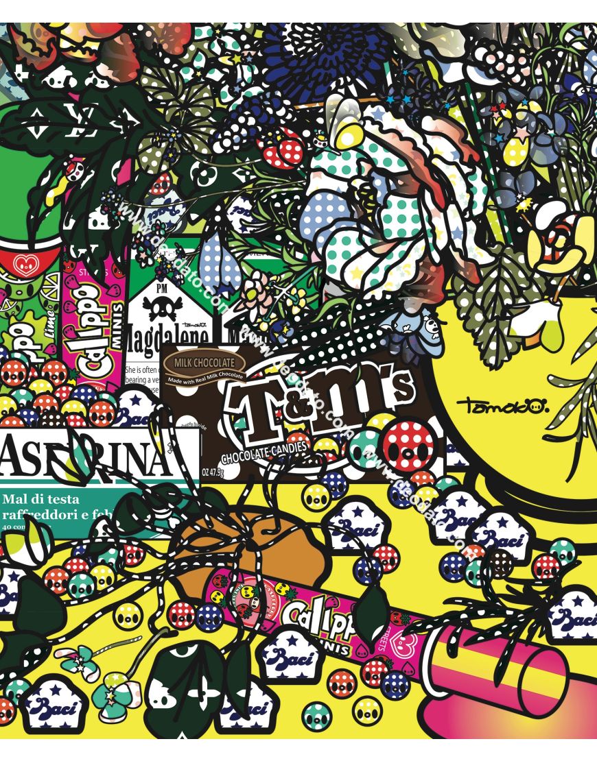 Détail 1 de Fleurs 2 après Jan Brueghel L’Ancien avec Aspirina, Barilla, Baci, Calippo, Cola, Louis Vuitton, Motta, Tm, Visa et Maddonna