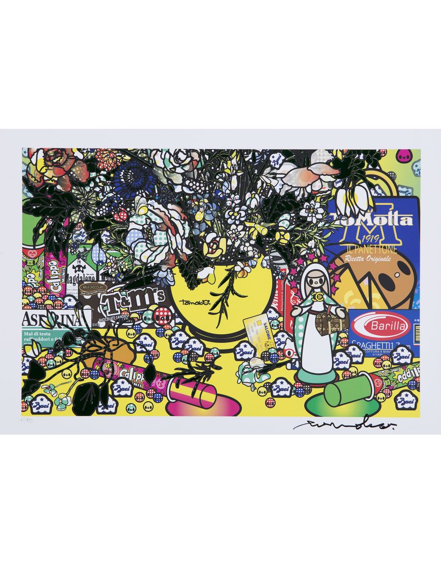 Détail 2 de Fleurs 2 après Jan Brueghel L’Ancien avec Aspirina, Barilla, Baci, Calippo, Cola, Louis Vuitton, Motta, Tm, Visa et Maddonna