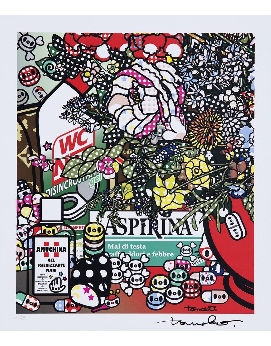 Détail 2 de Fleurs après Jan Brueghel L’Ancien avec Amuchina, Aspirina, WCNET, Louis Vuitton, Chanel, Tachipirina, Sole et Rinazina.