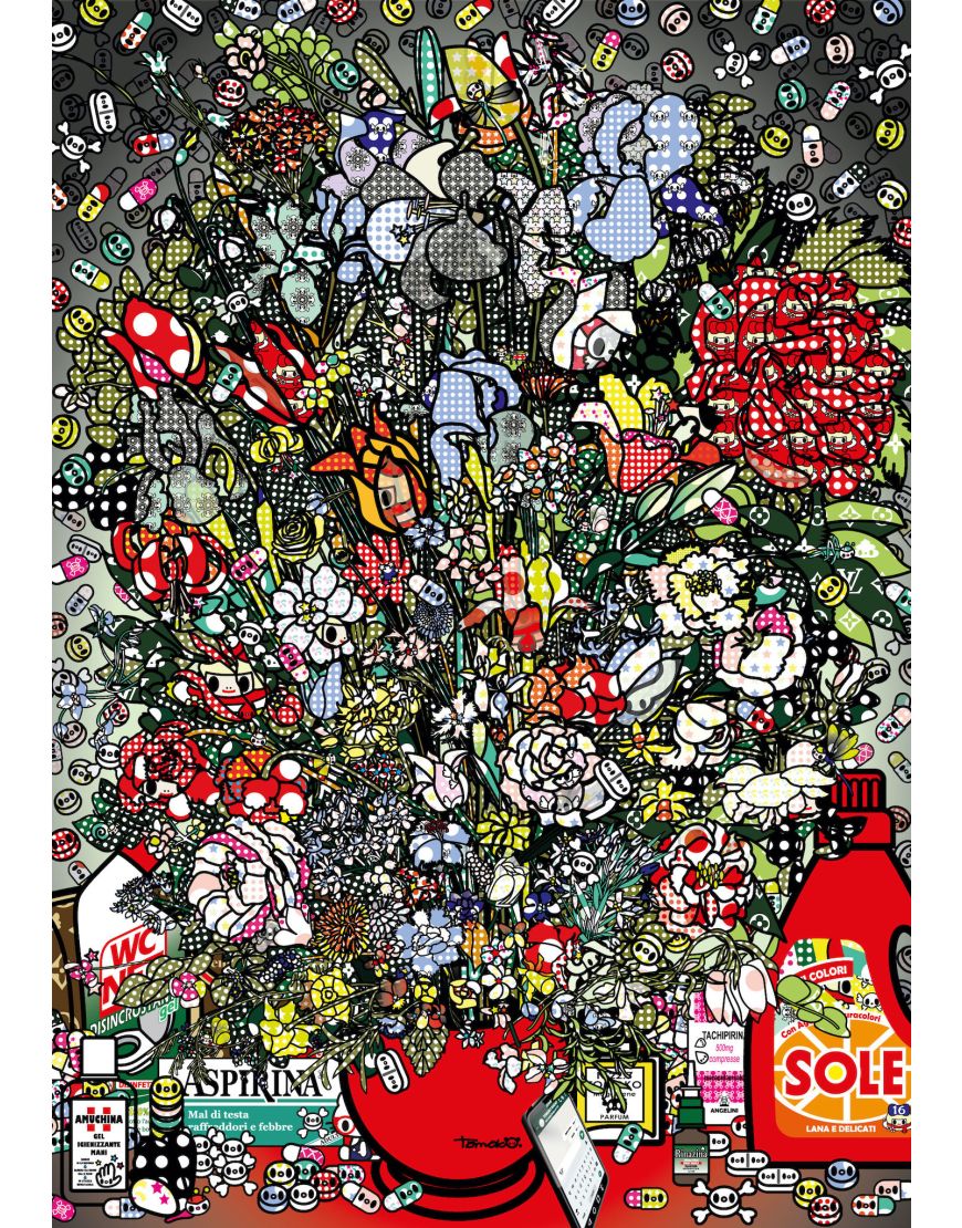 Fleurs après Jan Brueghel L’Ancien Avec Amuchina, Aspirina, WCNET, Louis Vuitton, Chanel, Tachipirina, Sole, Rinazina