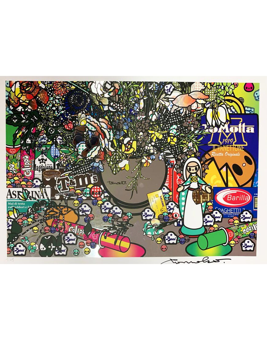 Détail 2 de Fleurs 2 après Jan Brueghel L’Ancien avec Aspirina, Barilla, Baci, Calippo, Cola, Louis Vuitton, Motta, Tm, Visa et Maddonna