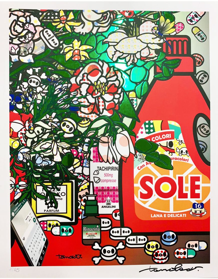 Détail 1 de Fleurs après Jan Brueghel L’Ancien avec Amuchina, Aspirina, WCNET, Louis Vuitton, Chanel, Tachipirina, Sole et Rinazina.