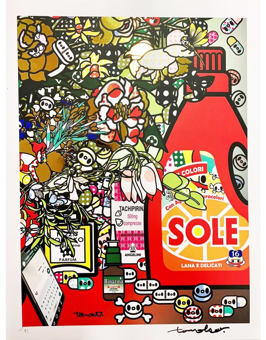 Détail 1 de Fleurs après Jan Brueghel L’Ancien avec Amuchina, Aspirina, WCNET, Louis Vuitton, Chanel, Tachipirina, Sole et Rinazina.