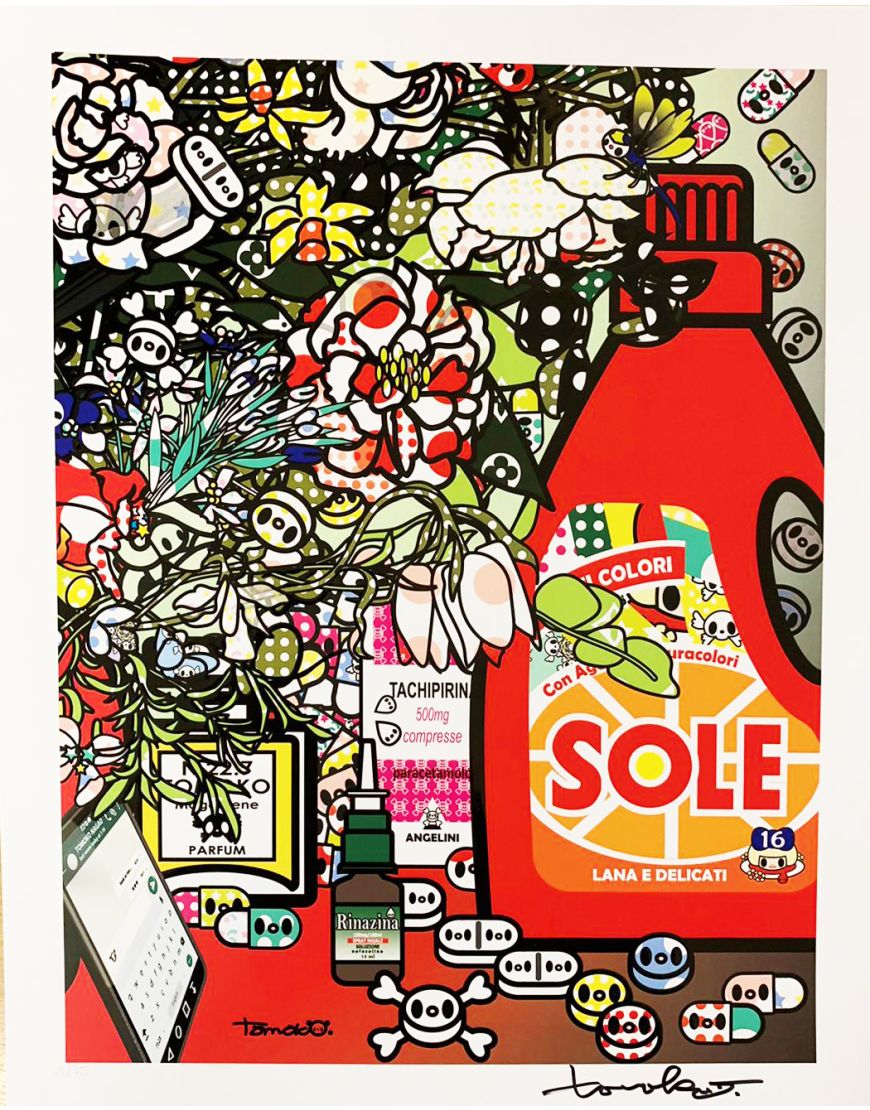 Détail 1 de Fleurs après Jan Brueghel L’Ancien avec Amuchina, Aspirina, WCNET, Louis Vuitton, Chanel, Tachipirina, Sole et Rinazina.