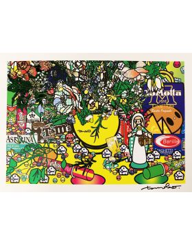 Détail 2 de Fleurs 2 après Jan Brueghel L’Ancien avec Aspirina, Barilla, Baci, Calippo, Cola, Louis Vuitton, Motta, Tm, Visa et Maddonna