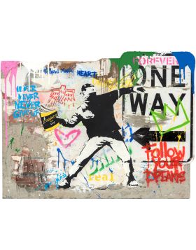 Mr. Brainwash - Banksy Thrower - Œuvre unique - Technique mixte sur plaque de rue - 60x79 cm