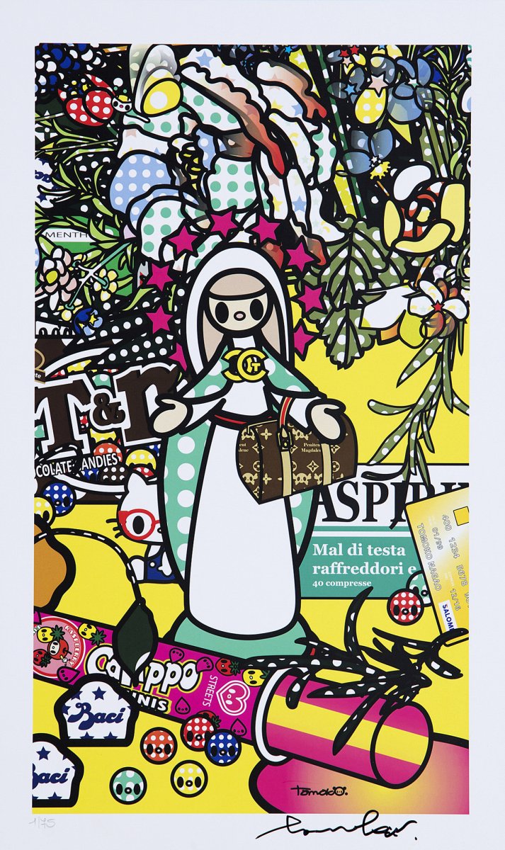 Détail 1 de Fleurs 2 après Jan Brueghel L’Ancien avec Aspirina, Barilla, Baci, Calippo, Cola, Louis Vuitton, Motta, Tm, Visa et Maddonna