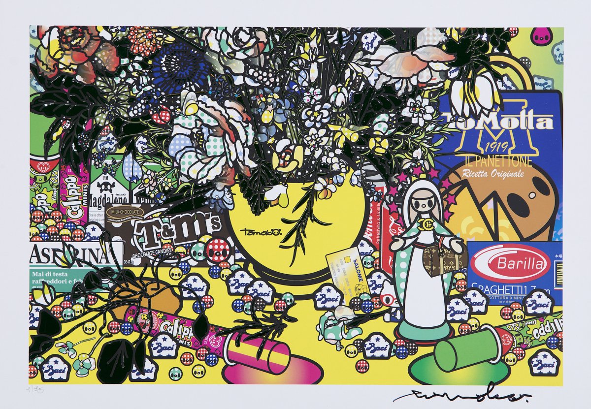 Détail 2 de Fleurs 2 après Jan Brueghel L’Ancien avec Aspirina, Barilla, Baci, Calippo, Cola, Louis Vuitton, Motta, Tm, Visa et Maddonna