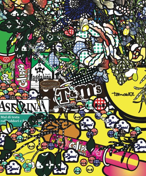 Détail 1 de Fleurs 2 après Jan Brueghel L’Ancien avec Aspirina, Barilla, Baci, Calippo, Cola, Louis Vuitton, Motta, Tm, Visa et Maddonna