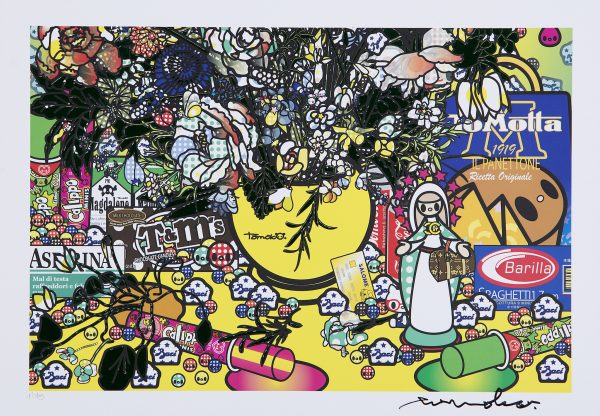 Détail 2 de Fleurs 2 après Jan Brueghel L’Ancien avec Aspirina, Barilla, Baci, Calippo, Cola, Louis Vuitton, Motta, Tm, Visa et Maddonna