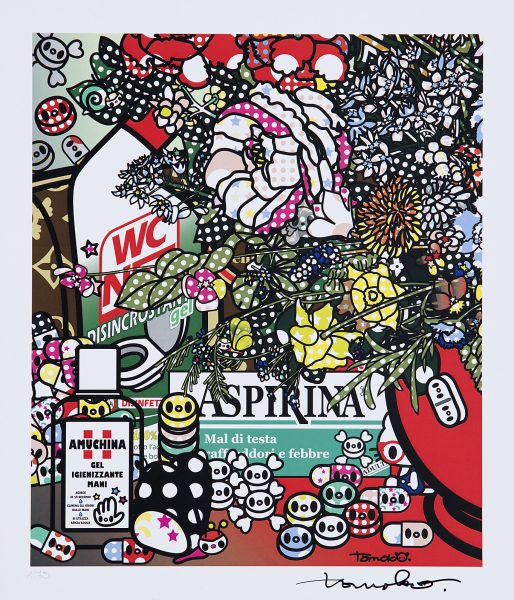 Détail 2 de Fleurs après Jan Brueghel L’Ancien avec Amuchina, Aspirina, WCNET, Louis Vuitton, Chanel, Tachipirina, Sole et Rinazina. 