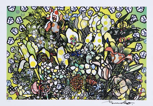 Détail 3 de Fleurs 2 après Jan Brueghel L’Ancien avec Aspirina, Barilla, Baci, Calippo, Cola, Louis Vuitton, Motta, Tm, Visa et Maddonna