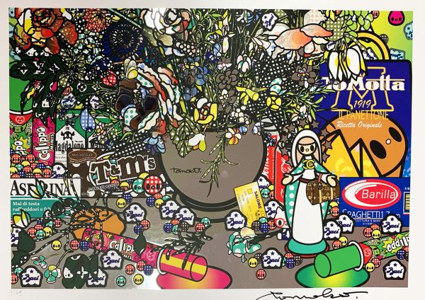 Détail 2 de Fleurs 2 après Jan Brueghel L’Ancien avec Aspirina, Barilla, Baci, Calippo, Cola, Louis Vuitton, Motta, Tm, Visa et Maddonna