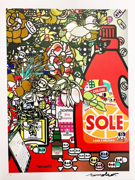 Détail 1 de Fleurs après Jan Brueghel L’Ancien avec Amuchina, Aspirina, WCNET, Louis Vuitton, Chanel, Tachipirina, Sole et Rinazina. 