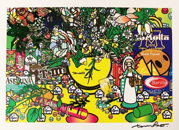 Détail 2 de Fleurs 2 après Jan Brueghel L’Ancien avec Aspirina, Barilla, Baci, Calippo, Cola, Louis Vuitton, Motta, Tm, Visa et Maddonna