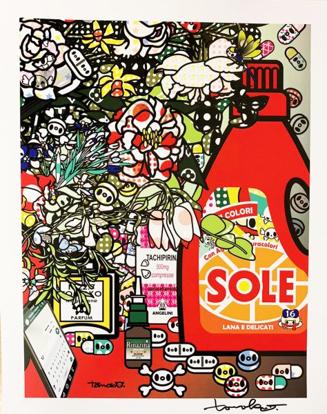 Détail 1 de Fleurs après Jan Brueghel L’Ancien avec Amuchina, Aspirina, WCNET, Louis Vuitton, Chanel, Tachipirina, Sole et Rinazina. 