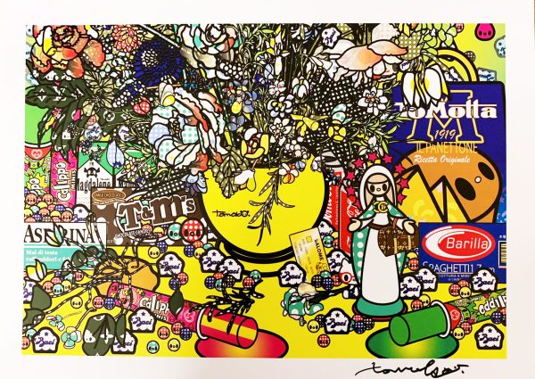 Détail 2 de Fleurs 2 après Jan Brueghel L’Ancien avec Aspirina, Barilla, Baci, Calippo, Cola, Louis Vuitton, Motta, Tm, Visa et Maddonna